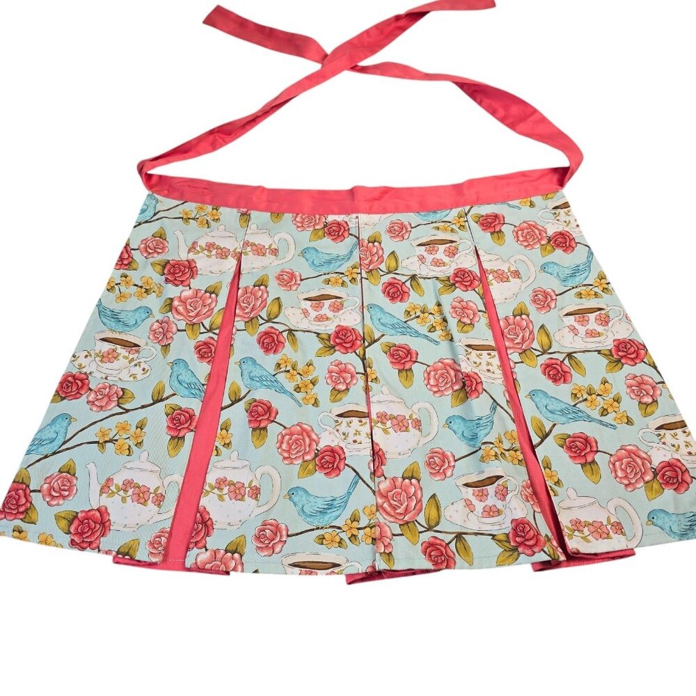Ritz Apron Half Bluebird Rose Teapot Print Aqua Pink Vintage Cottagecore Kitchen